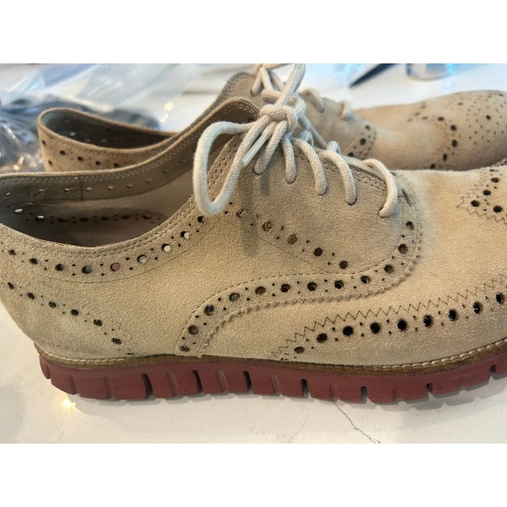 Cole‎ Haan Zerogrand Wingtip Oxfords Tan Suede Brogue Brick Red Sole Mens Shoes